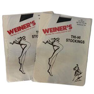 Weiners Thi-Hi Stockings Lot of 2 Pair Off Black One Size Nylon Reinforced Toe
